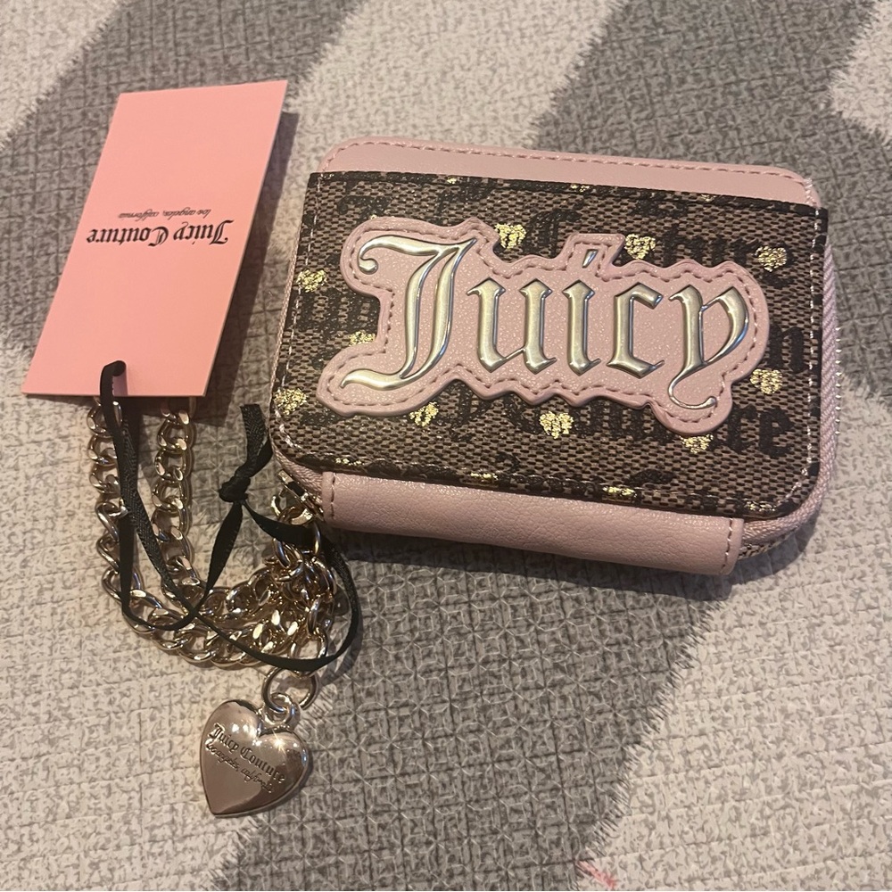 Juicy Couture Brown and Pink Logo Wallet with Gold Chain Charm